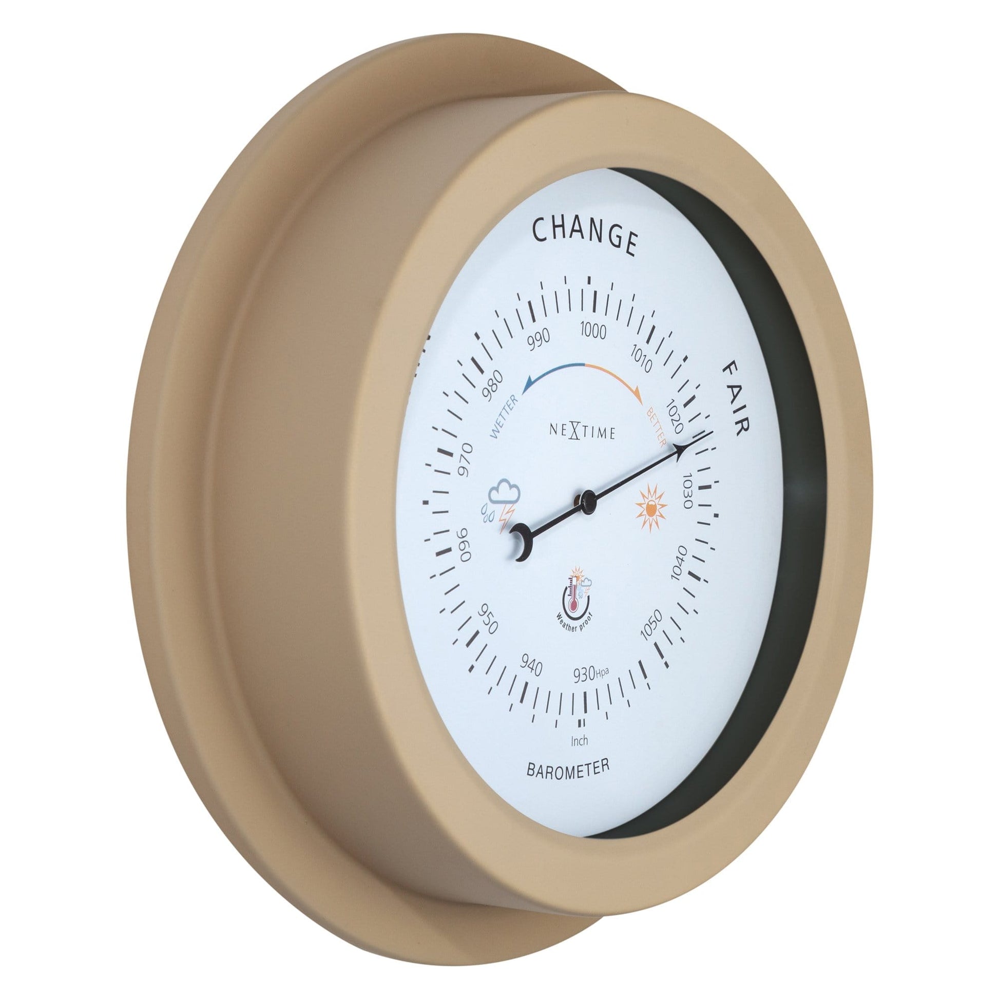 Weatherproof garden barometer by NeXtime Clocks, 22cm galvanized metal with orchid finish, showing atmospheric pressure gauge.