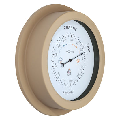 Weatherproof garden barometer by NeXtime Clocks, 22cm galvanized metal with orchid finish, showing atmospheric pressure gauge.