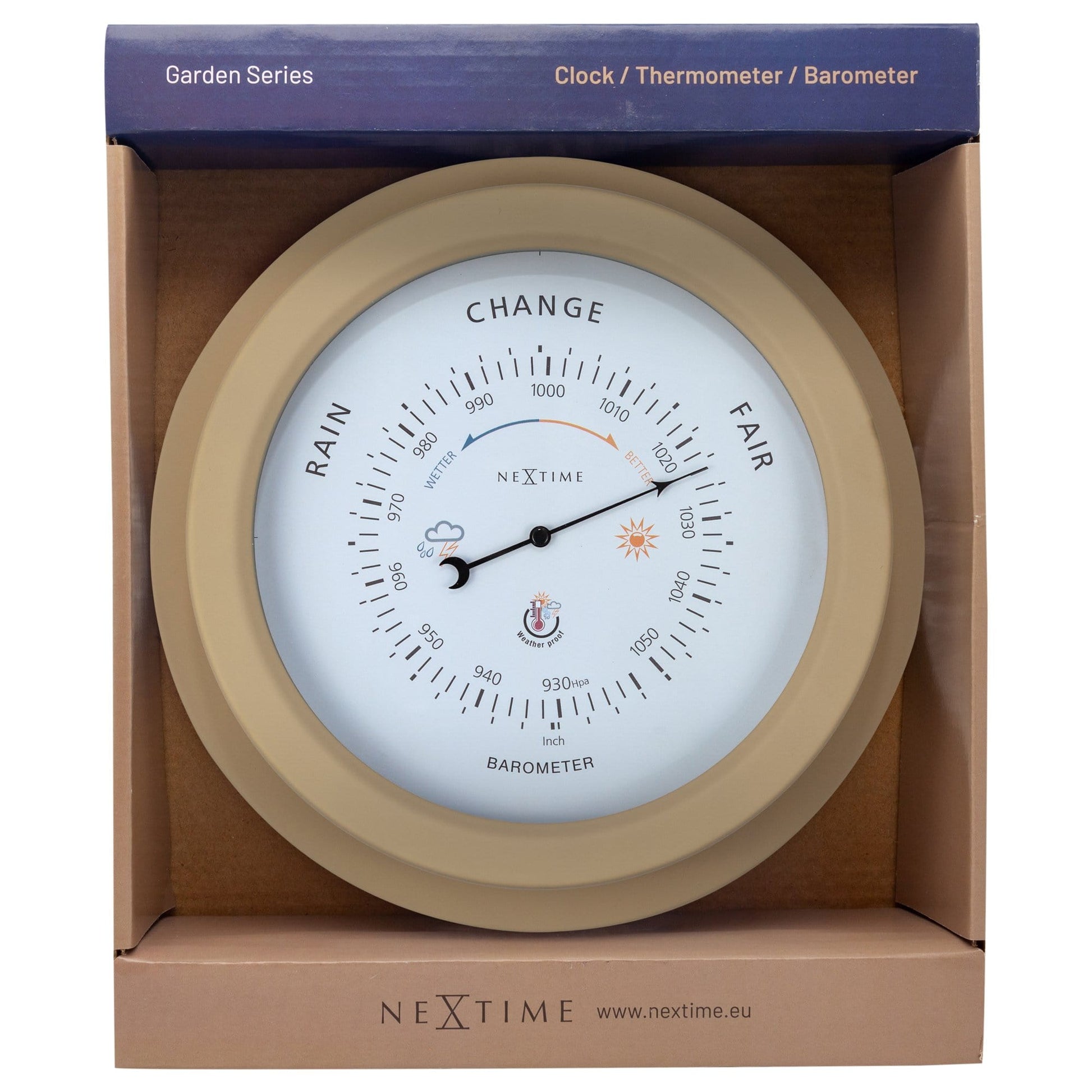 Weatherproof garden barometer by NeXtime Clocks, 22cm galvanized metal with orchid finish, in packaging.