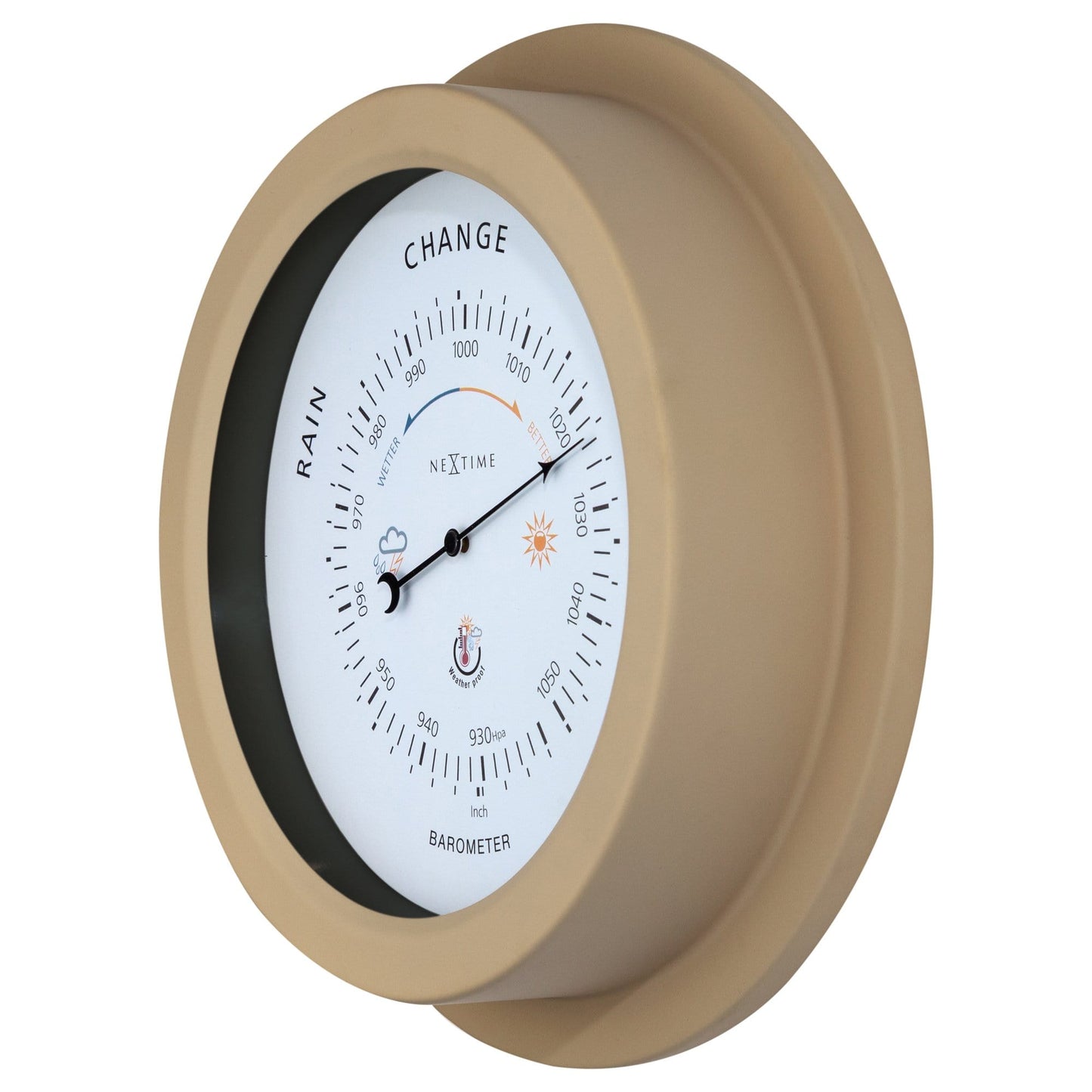 NeXtime Clocks weatherproof garden barometer in galvanized metal with orchid design, 22cm diameter, right side view