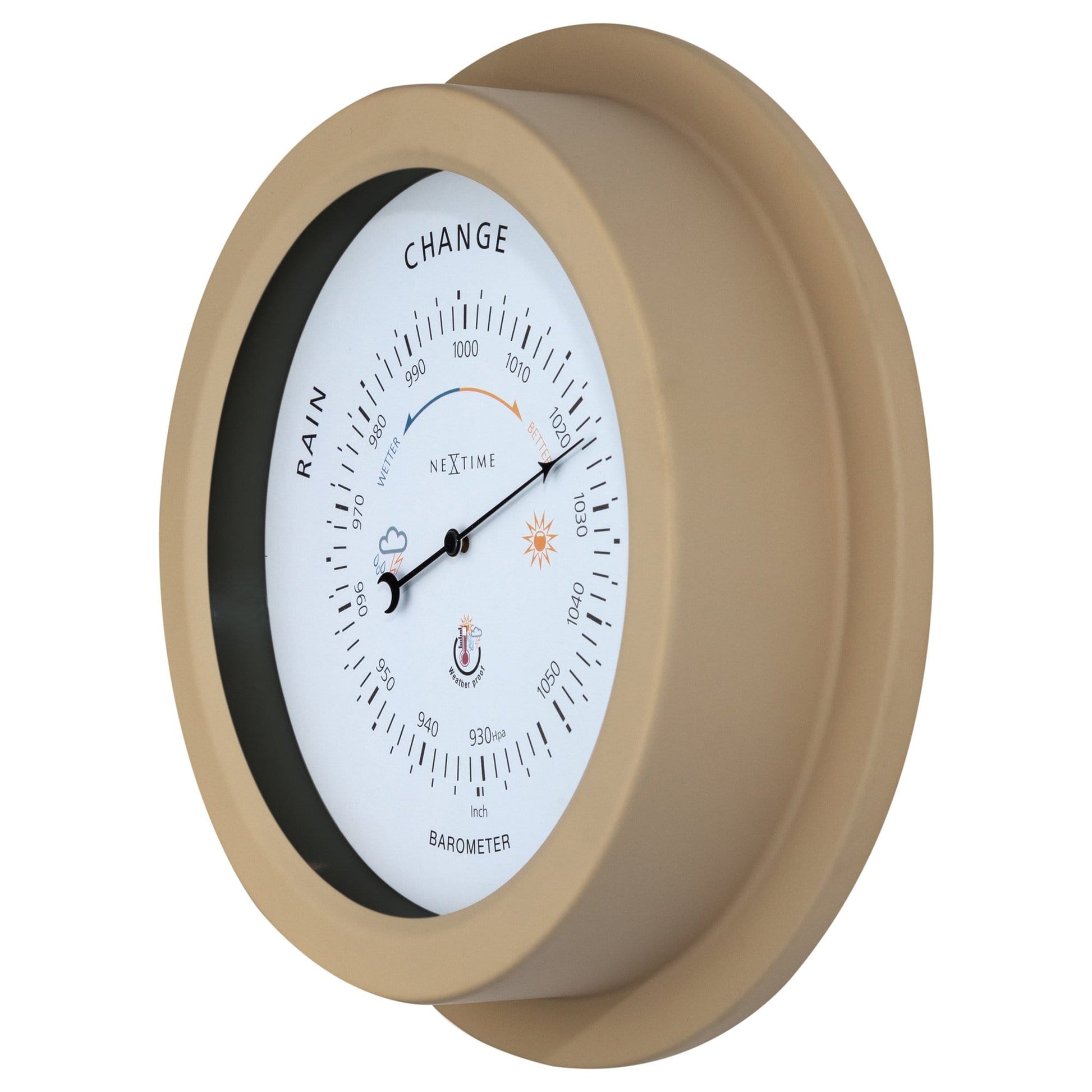 NeXtime Clocks weatherproof garden barometer in galvanized metal with orchid design, 22cm diameter, right side view