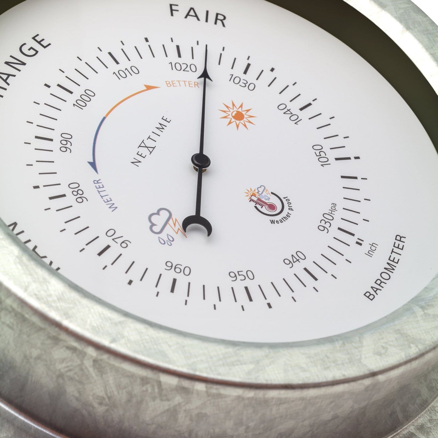 Weatherproof NeXtime Clocks garden barometer with 22cm galvanized metal orchid design for outdoor weather monitoring.