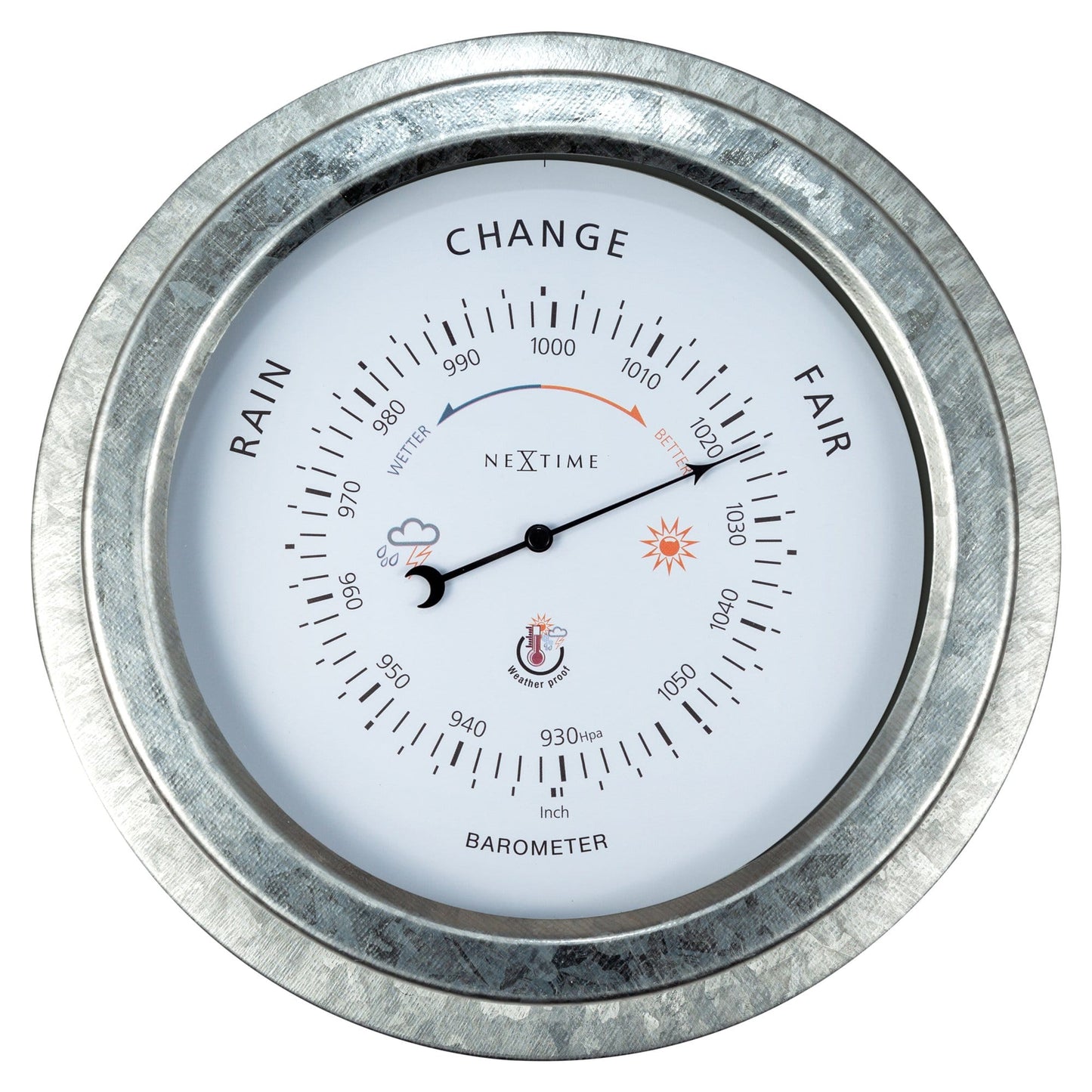 Weatherproof garden barometer by NeXtime Clocks, 22cm metal galvanized orchid design, with a clear dial for weather tracking.