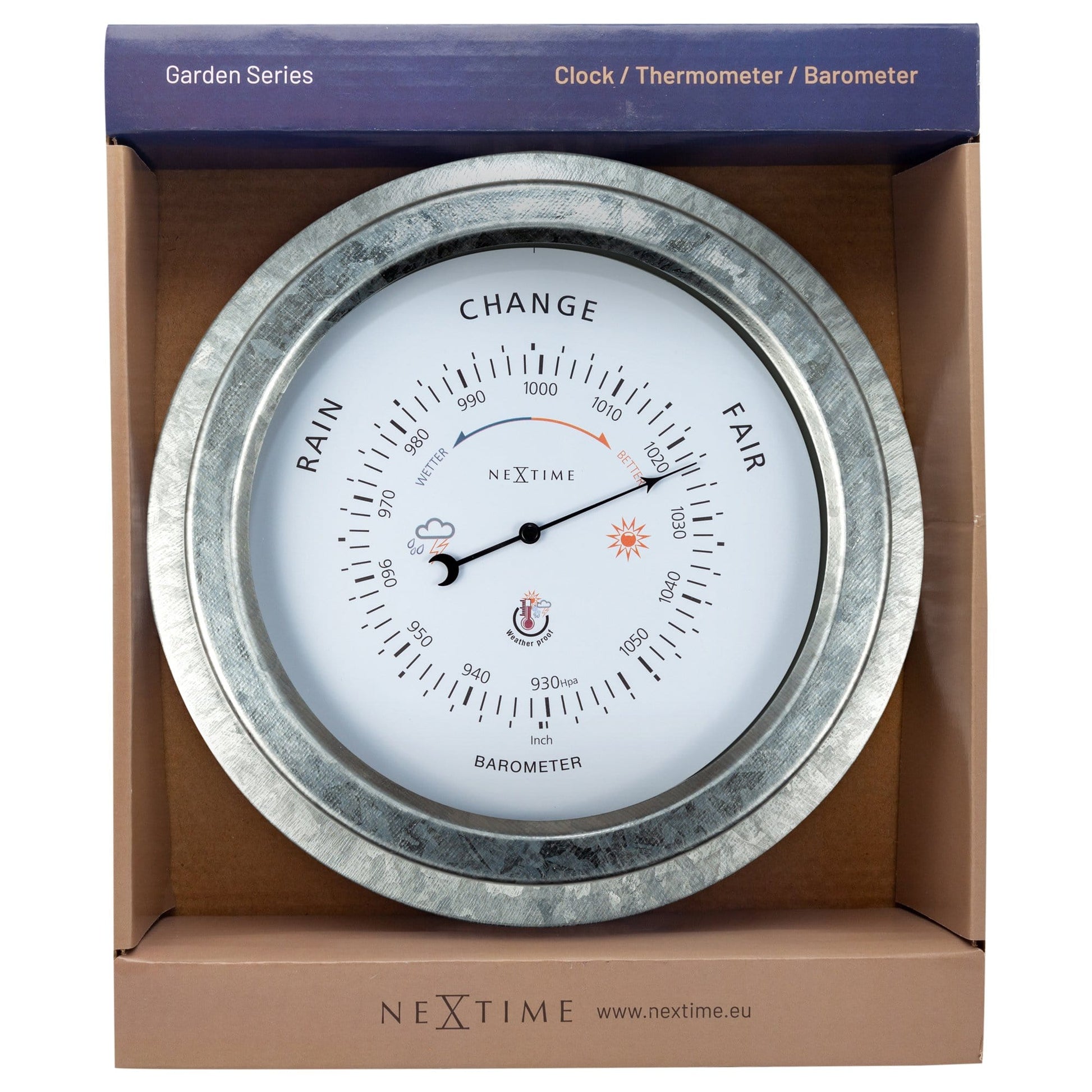 Weatherproof garden barometer by NeXtime Clocks, 22cm galvanized metal with orchid finish, packaged in a box.