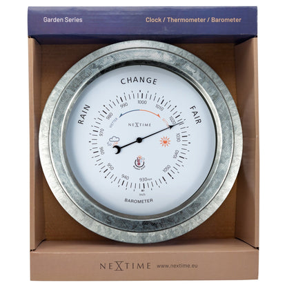 Weatherproof garden barometer by NeXtime Clocks, 22cm galvanized metal with orchid finish, packaged in a box.