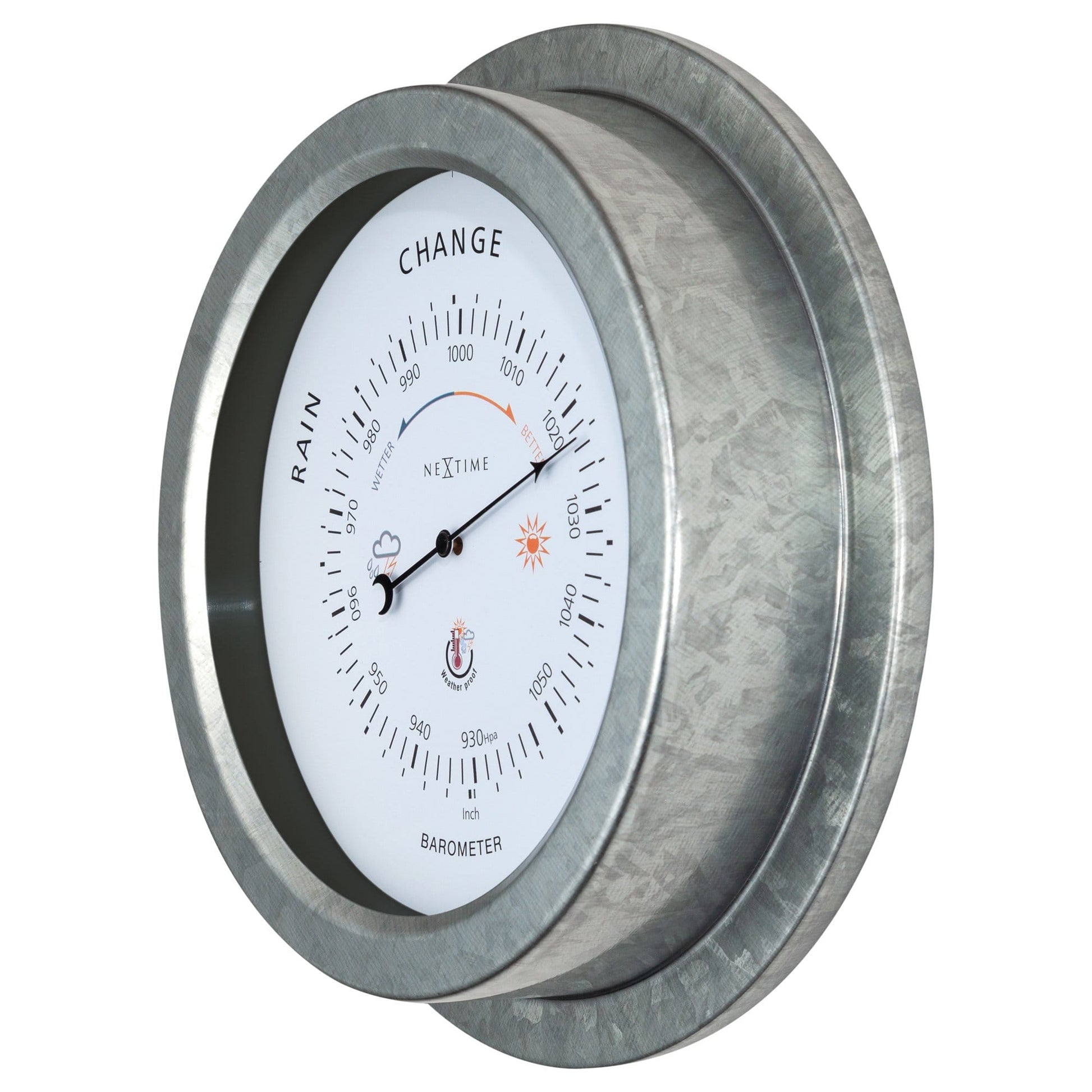 Garden barometer by NeXtime Clocks, 22cm galvanized metal weatherproof barometer with orchid finish, shown from right side.