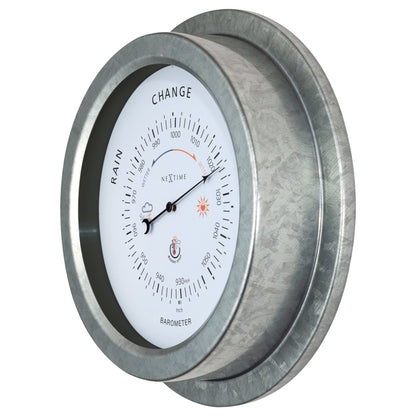Garden barometer by NeXtime Clocks, 22cm galvanized metal weatherproof barometer with orchid finish, shown from right side.