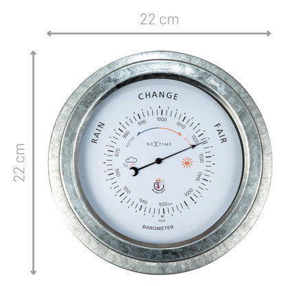 Weatherproof garden barometer by NeXtime Clocks, 22cm galvanized metal with orchid finish, displaying atmospheric pressure readings.
