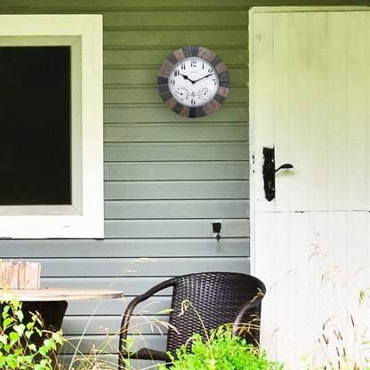 NeXtime Clocks garden weatherstation wall clock with weatherproof polyresin Aster design, 26cm diameter, suitable for outdoor use.