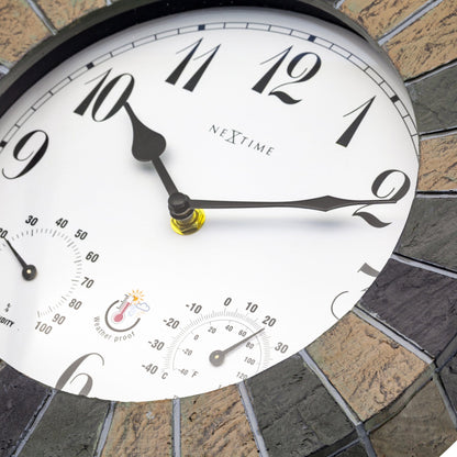Garden clock by NeXtime Clocks featuring a weatherproof 26cm polyresin Aster wall clock with detailed flower design.