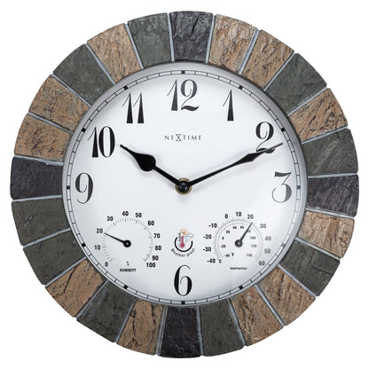 NeXtime Clocks garden weatherstation wall clock, 26cm polyresin weatherproof design with Aster pattern, suitable for outdoor use.