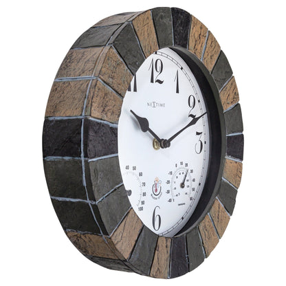 NeXtime Clocks garden weatherstation wall clock, 26cm polyresin Aster design, weatherproof outdoor clock with left side view.