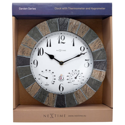 NeXtime Garden Clock weatherstation wall clock, 26cm polyresin Aster design, weatherproof outdoor clock in packaging
