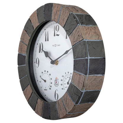 NeXtime Clocks garden weatherstation wall clock, 26cm polyresin Aster design, weatherproof outdoor clock for garden use