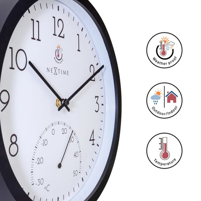 NeXtime Clocks weatherproof outdoor garden clock with thermometer, 30.5 cm diameter, in vibrant marigold color.