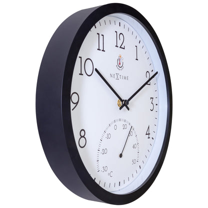 Weatherproof outdoor garden clock with thermometer in Marigold color by NeXtime Clocks, 30.5 cm diameter, shown from the left side.
