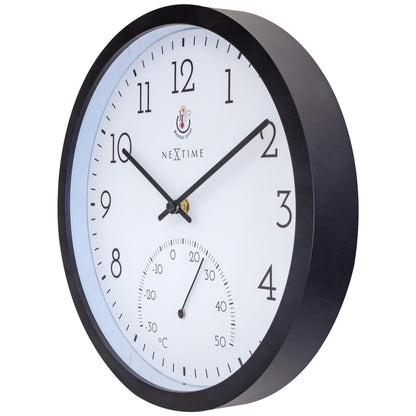Weatherproof outdoor garden clock with thermometer in marigold color, 30.5 cm diameter by NeXtime Clocks.