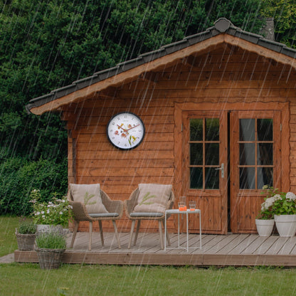 Weatherproof outdoor garden clock by NeXtime, 30.5 cm Silene model, with black frame and clear clock face for outdoor use.