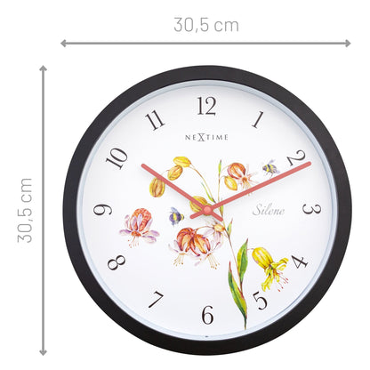Silene weatherproof outdoor garden clock by NeXtime Clocks, 30.5 cm diameter, with black frame and white clock face.