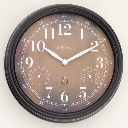 NeXtime Clocks garden wall clock, 23.5cm, weatherproof Jasmine weatherstation with clear clock face and outdoor durability.
