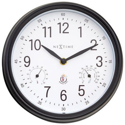 NeXtime Clocks garden weatherstation wall clock, 23.5 cm, weatherproof in Jasmine color, showing time and outdoor weather data.