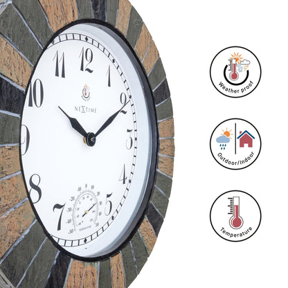 NeXtime Clocks outdoor garden clock with thermometer, 43.5 cm Polyresin Aster Large design, weatherproof for outdoor use