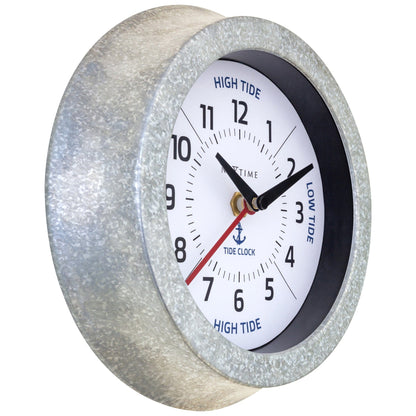 NeXtime Tide wall clock showing tide status, galvanized silver finish, 22cm diameter, with maritime design details.