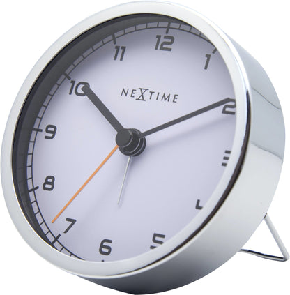 NeXtime Clocks metal alarm clock, 9x9x7.5 cm, with a sleek design and right-side view featuring the 'Company Alarm' branding.