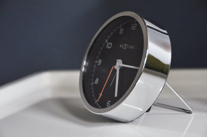 NeXtime Clocks metal alarm clock, 9x9x7.5 cm, with a sleek design and 'Company Alarm' label on the face.