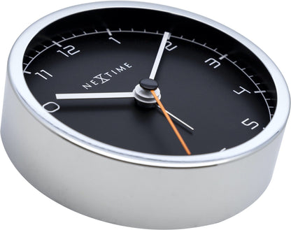 NeXtime Clocks metal alarm clock, 9x9x7.5 cm, with classic design and 'Company Alarm' label, detailed close-up image