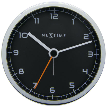 NeXtime Clocks metal alarm clock, 9x9x7.5 cm, with a modern design and digital display, labeled 'Company Alarm'.