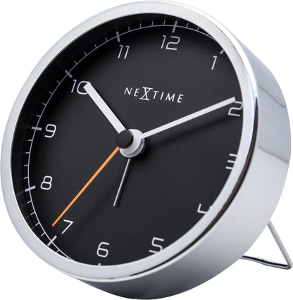 NeXtime Clocks metal alarm clock with 9x9x7.5 cm size, shown from the right side with a modern design.