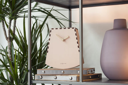 Wooden NeXtime Rocky table clock with motion design, 20cm size, featuring a rustic wood finish and artistic clock face.