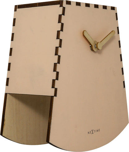 Wooden NeXtime Rocky table clock, 20 cm size with motion feature, shown from the left side.