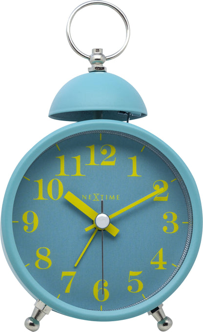 NeXtime Clocks metal alarm clock with 16cm diameter, loud single bell, front view showing classic design and metal finish.
