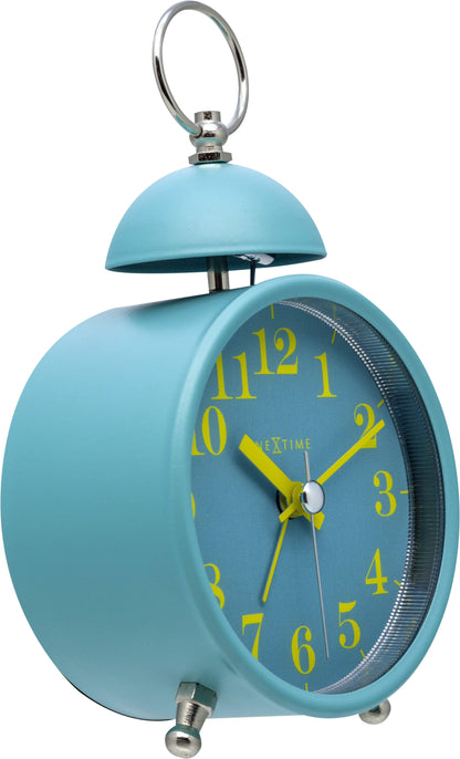 NeXtime Clocks metal alarm clock with a 16 cm size and single bell, featuring a loud alarm and right-side view.
