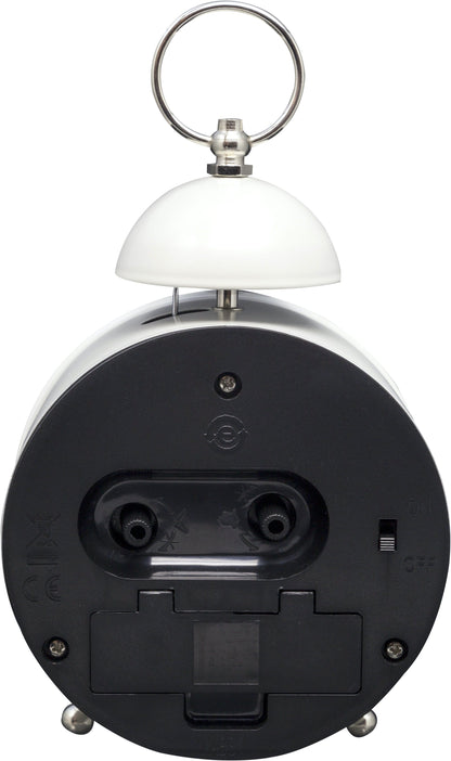 Back view of NeXtime Clocks metal alarm clock with 16 cm diameter, featuring a single bell and loud alarm.