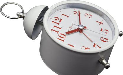 NeXtime Clocks metal alarm clock with 16cm diameter and single bell loud alarm, detailed view of the clock face and metal casing