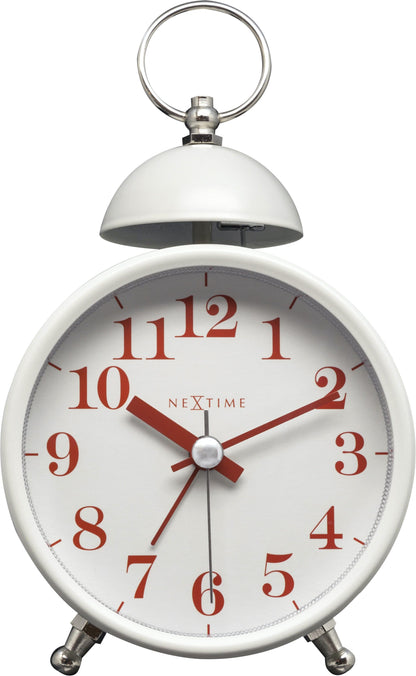 NeXtime Clocks metal alarm clock with 16cm diameter, loud single bell, front view showing classic design and metal finish.