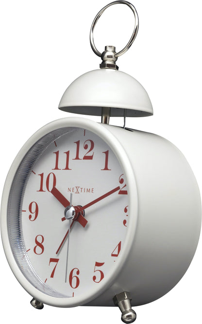 NeXtime Clocks metal alarm clock with 16 cm height, single bell, loud alarm, shown from the right side