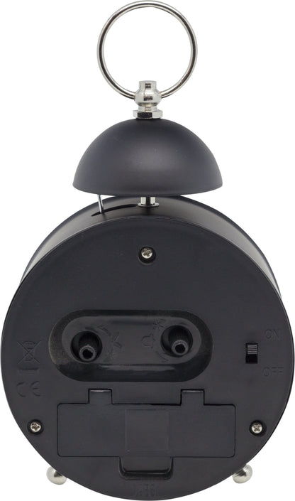 NeXtime Clocks metal alarm clock with a 16 cm diameter and a single bell loud alarm, detailed view showing metal finish.