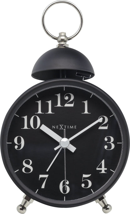 NeXtime Clocks metal alarm clock with 16 cm diameter and single bell loud alarm, front view showing clock face and metal casing