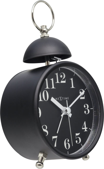 NeXtime Clocks metal alarm clock with single bell, 16 cm tall, featuring loud alarm and left-side view.