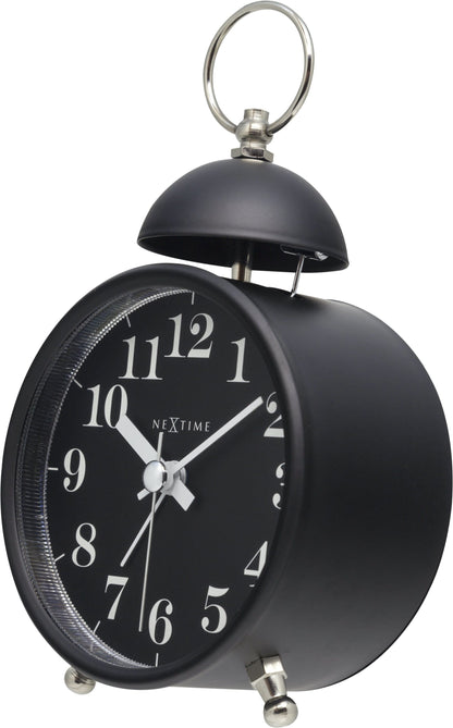 NeXtime Clocks metal alarm clock with 16cm diameter, loud single bell and right-side view.