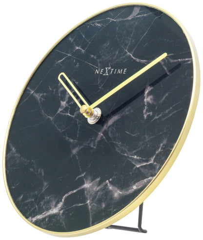 NeXtime Clocks marble table clock with glass and metal finish, 20 cm, right side view showing modern design.