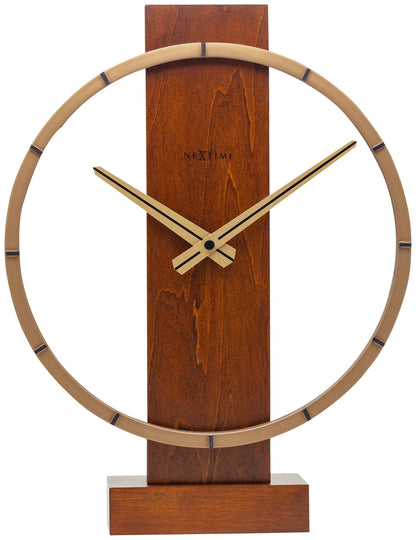 NeXtime Carl Small wooden and steel table or wall clock, 34x27 cm, featuring a modern design with a round face and minimalist style.
