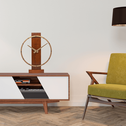 NeXtime Carl Small wood and steel table or wall clock, 34x27 cm with modern design and minimalist style.