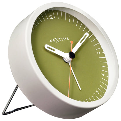 Small NeXtime metal table alarm clock with light function, silent operation, 9x9x7.5cm, shown from the left side.
