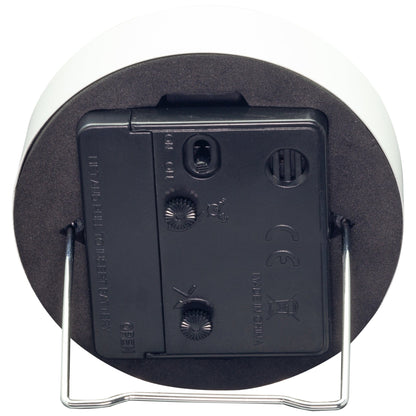 NeXtime Clocks small metal table alarm clock with silent operation and light function, measuring 9x9x7.5cm.