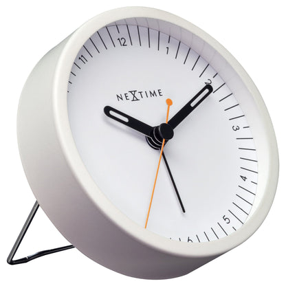 Small NeXtime Table Alarm Clock with light function, silent operation, metal construction, measuring 9x9x7.5cm, left side view.